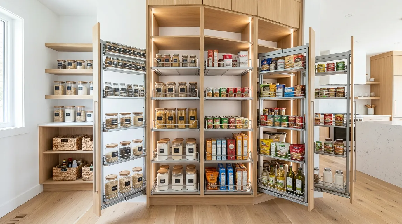 Family pantry with labeled bins and tiered dry-goods storage