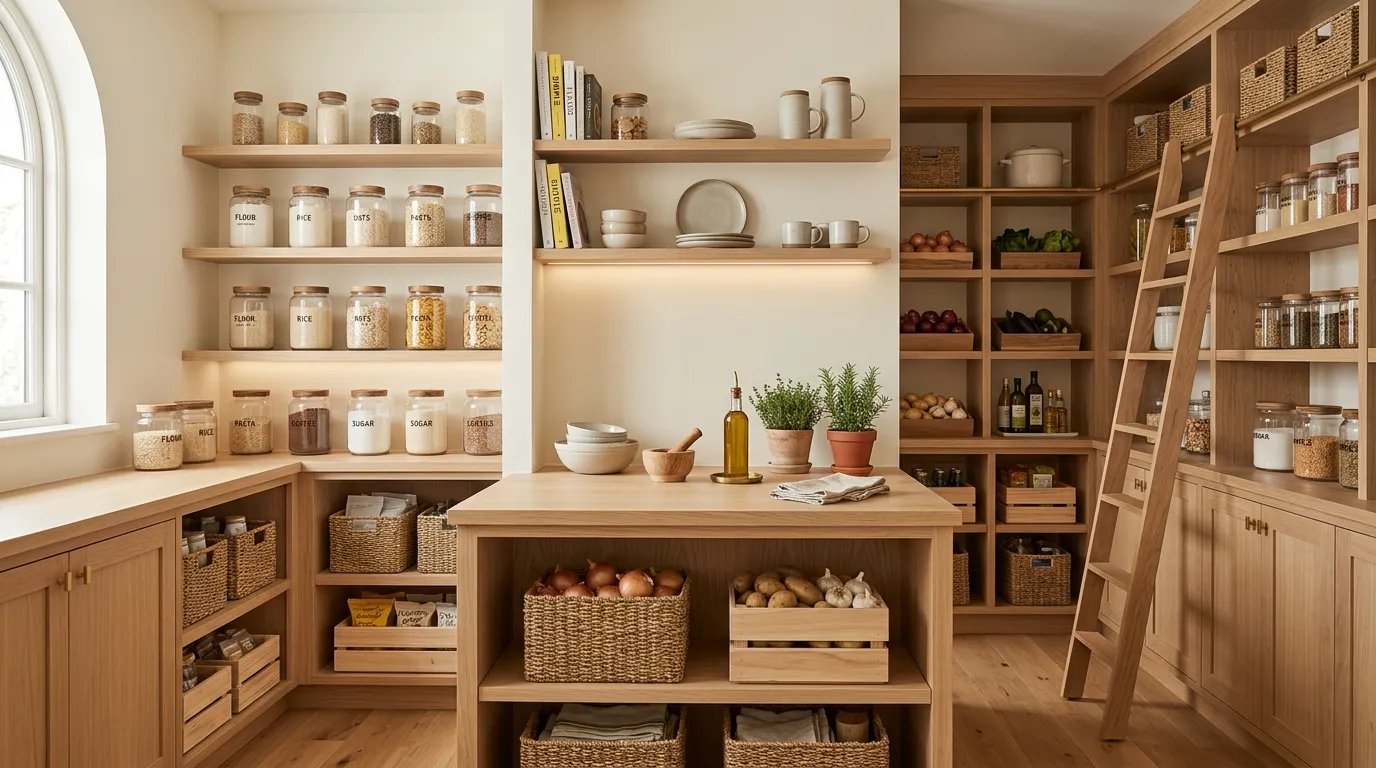 All-white pantry with oak accents and integrated lighting