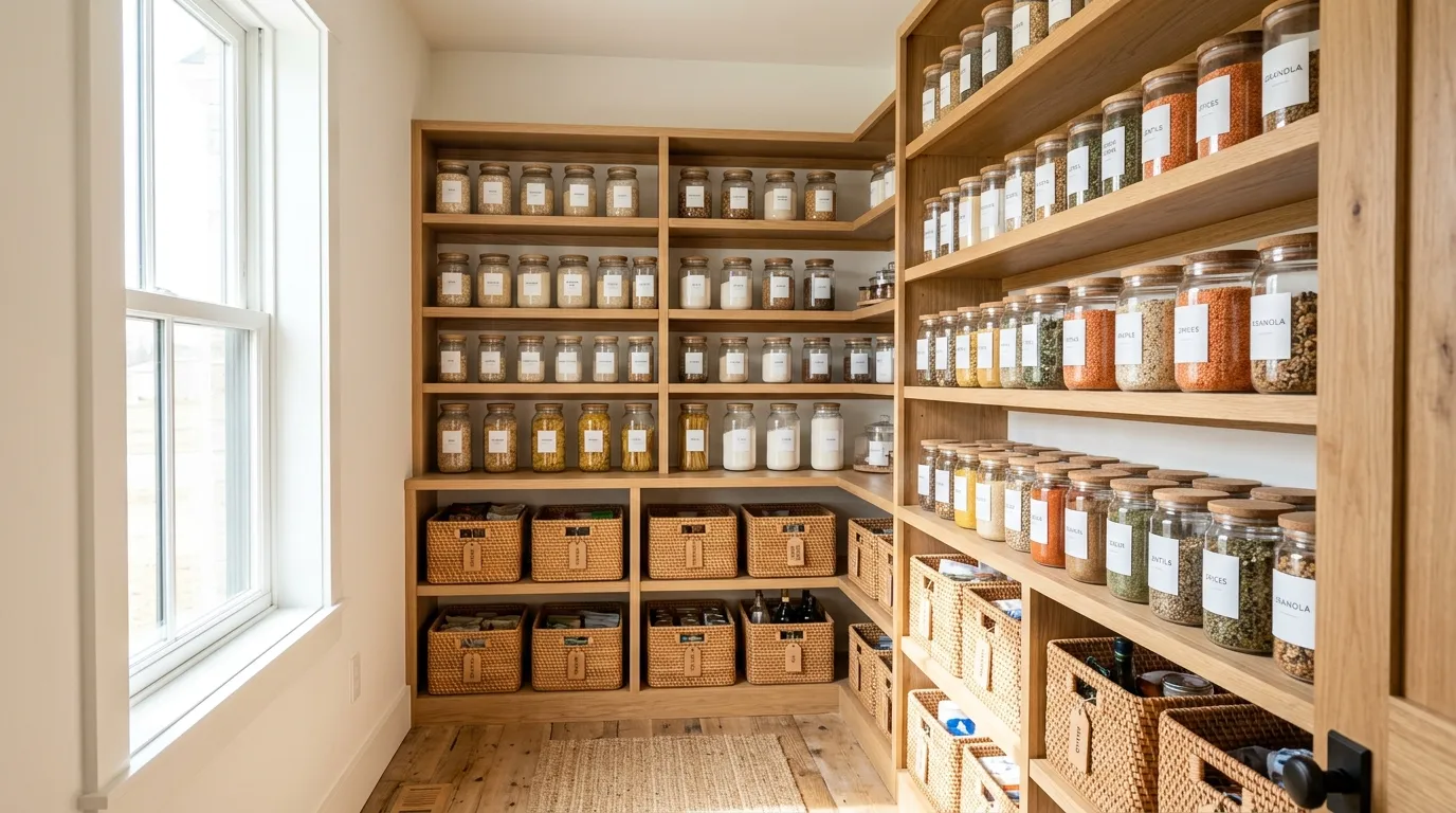 Cinematic luxury minimalist pantry with warm materials