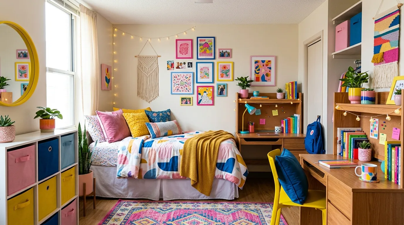 Blue and yellow dorm with striped duvet and playful accent pillows