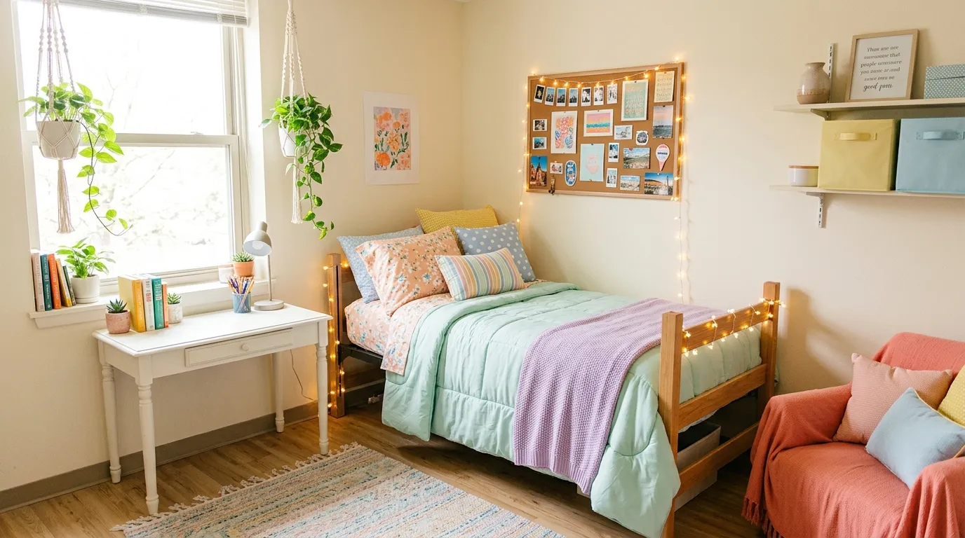 Sage and blush dorm room with soft layered textiles and cozy lighting