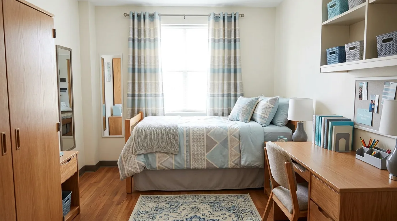 Bold color-blocked dorm with orange accents and graphic art prints