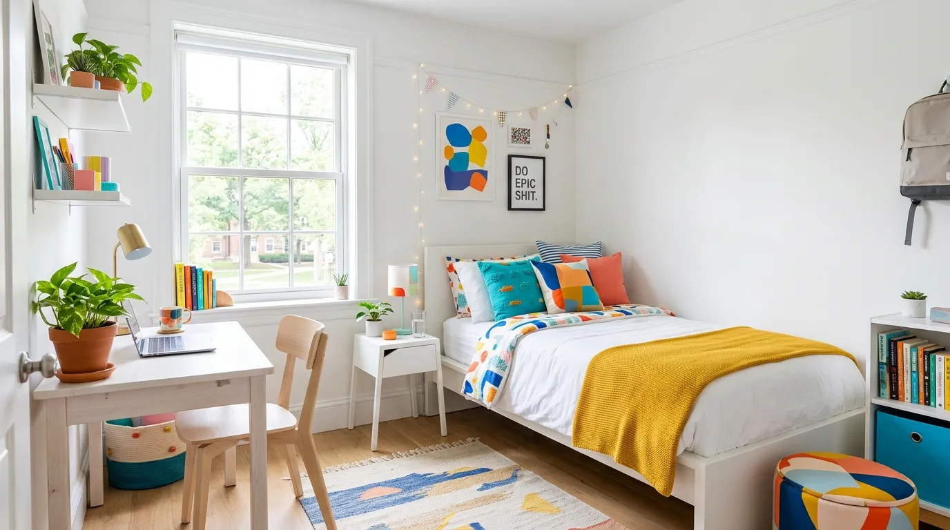 Sunny yellow dorm with white bedding and natural wood details