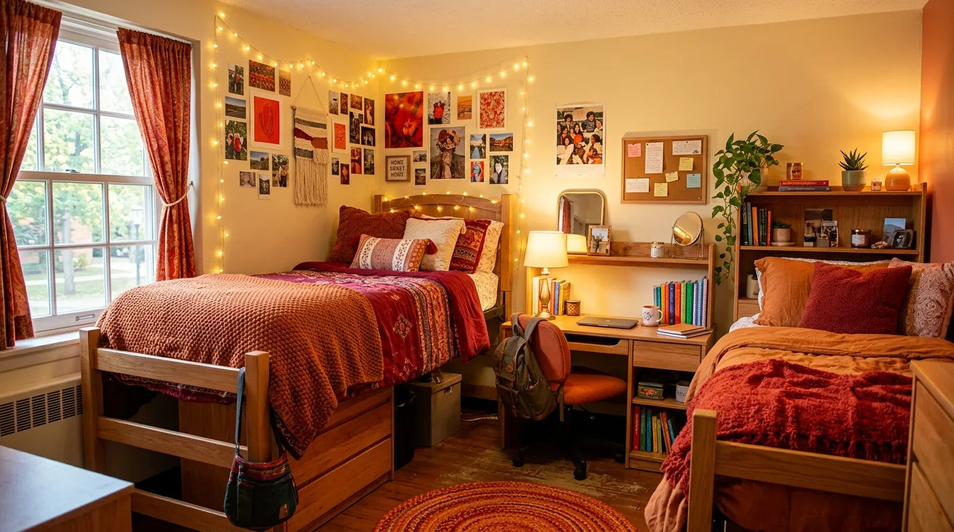 Pink and red dorm with playful checker details and wall collage