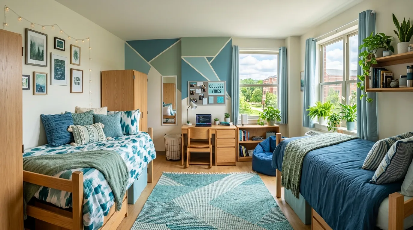 Teal dorm room with warm neutral rug and layered pillows