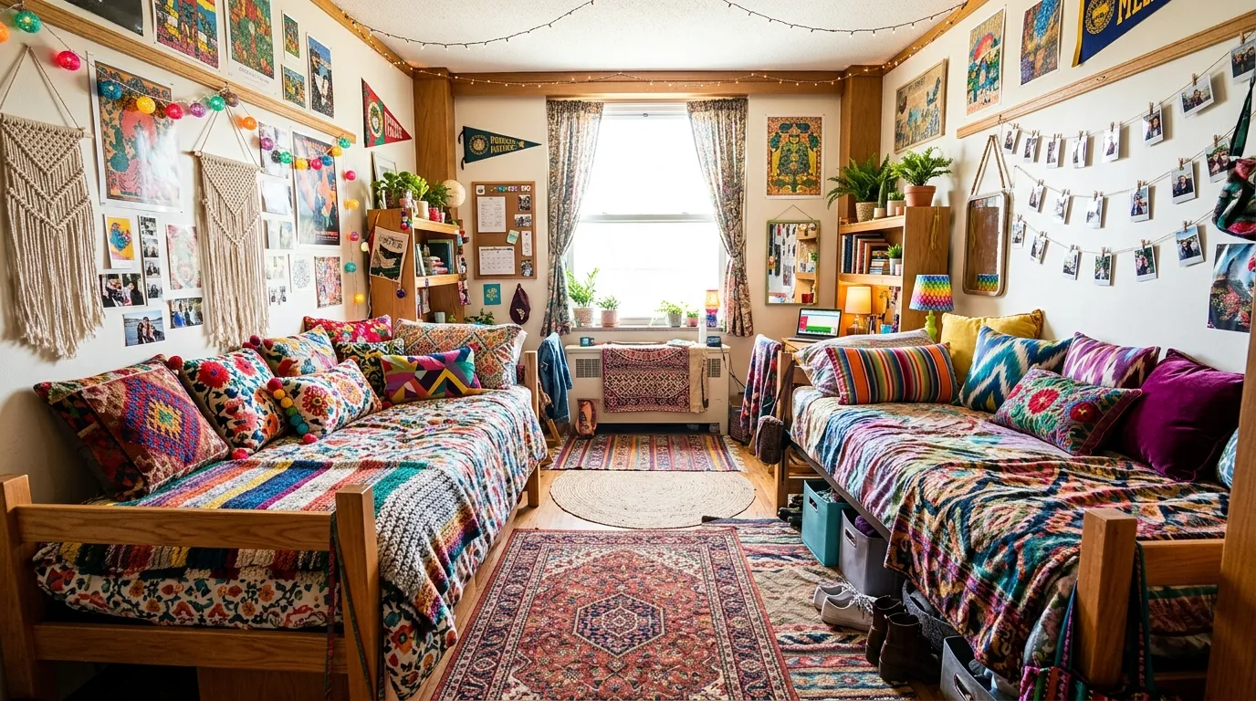 Pastel rainbow dorm with color-coordinated accessories and soft lighting