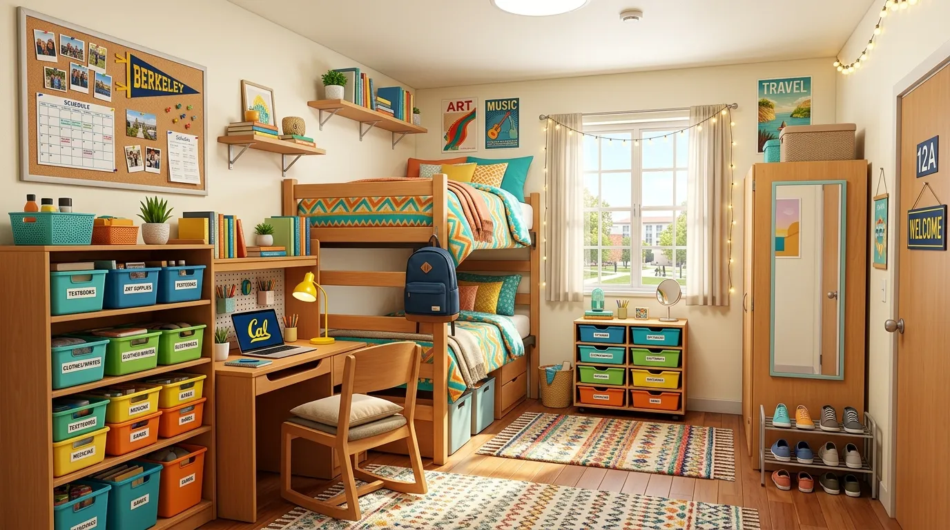 Navy and lilac dorm with study wall pinboard and compact storage