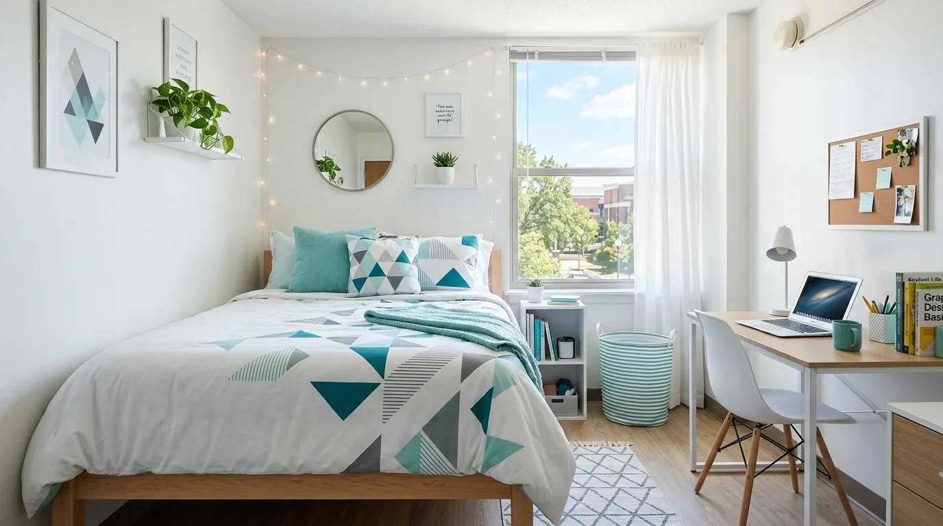 Blue and sage dorm room with striped duvet