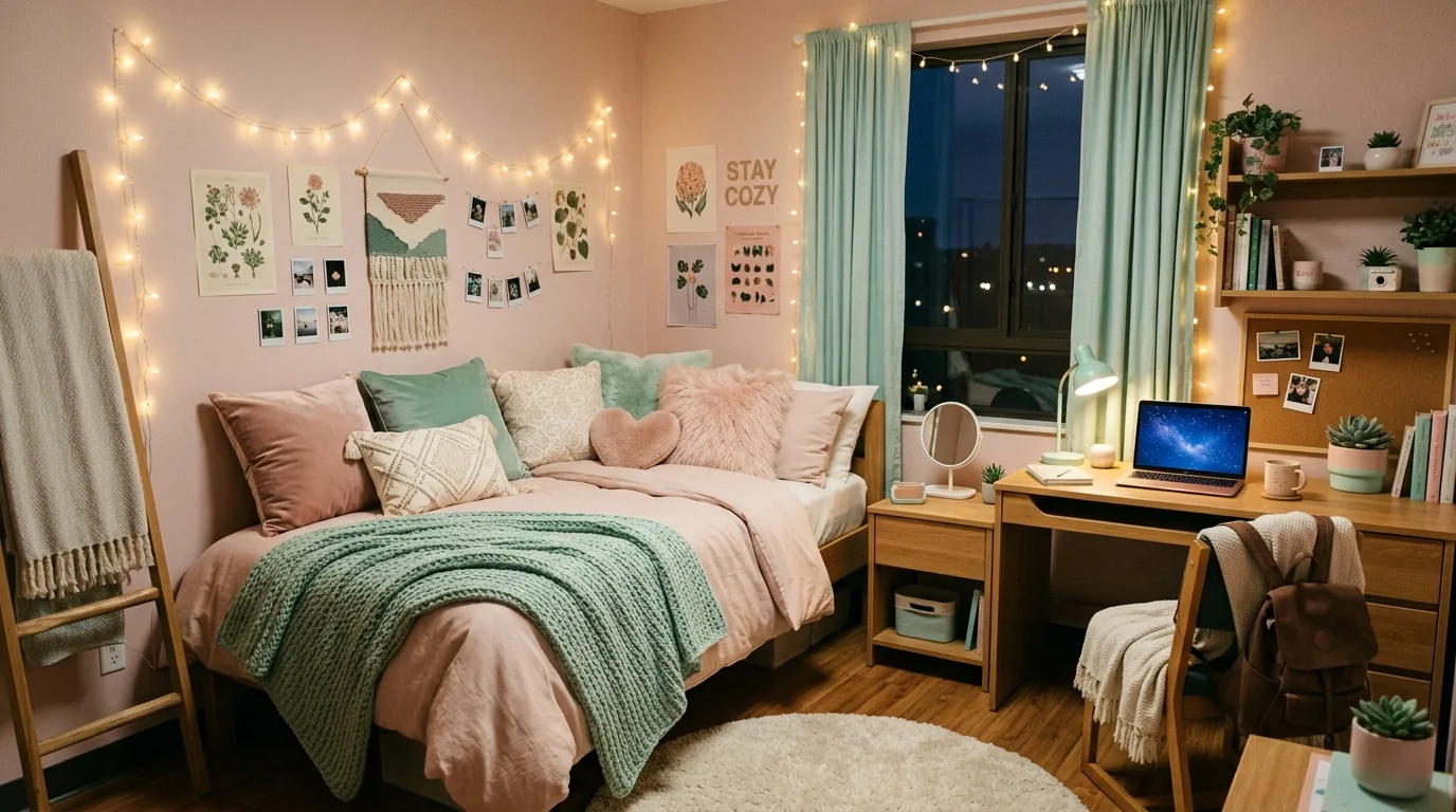 Sunny yellow and white dorm setup with cheerful pillows