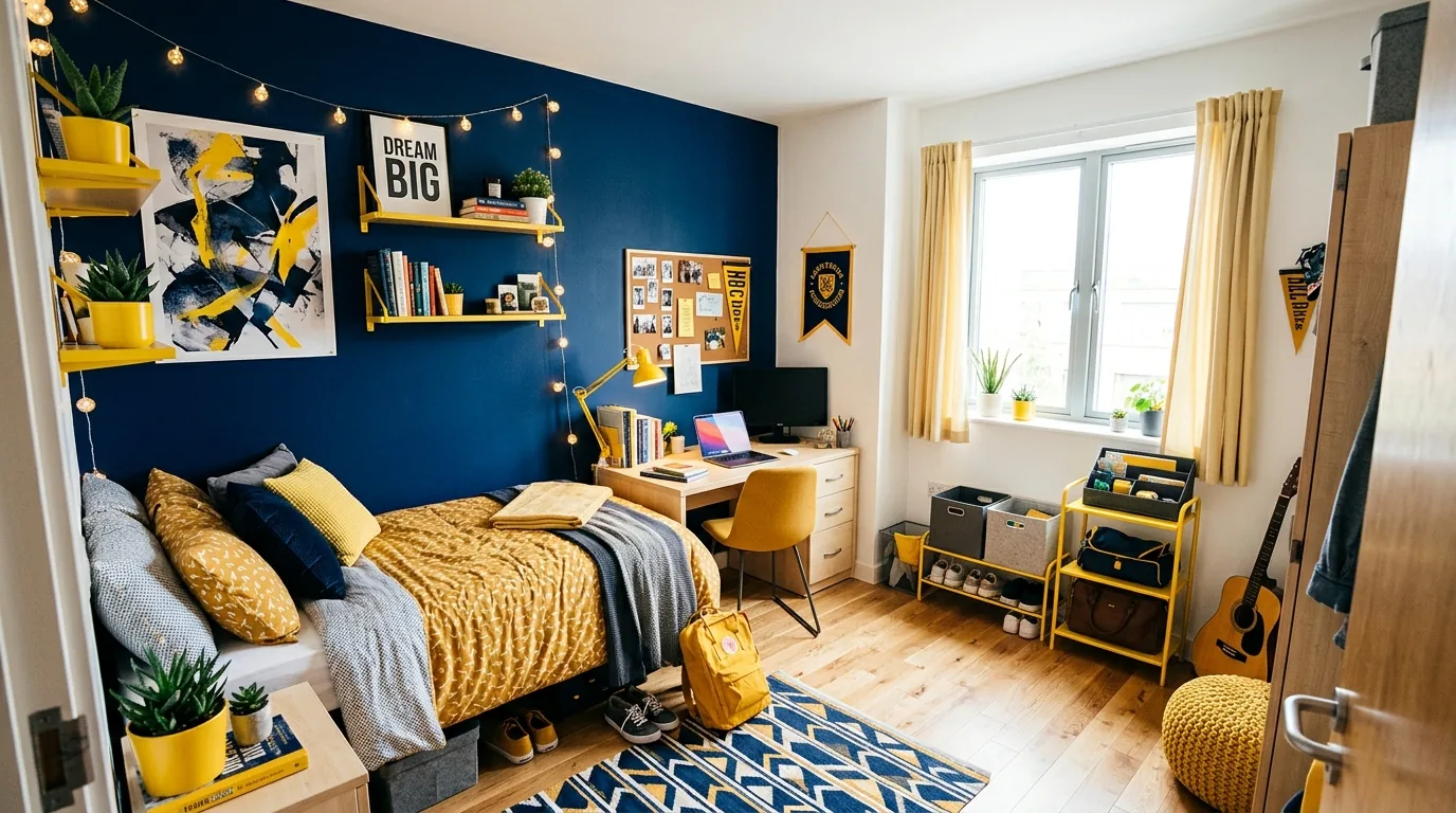 Terracotta and sand toned dorm room with textured bedding