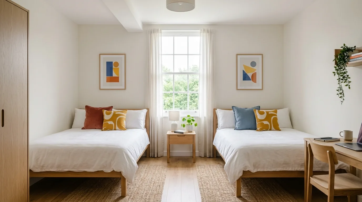 Lavender dorm room with soft throws