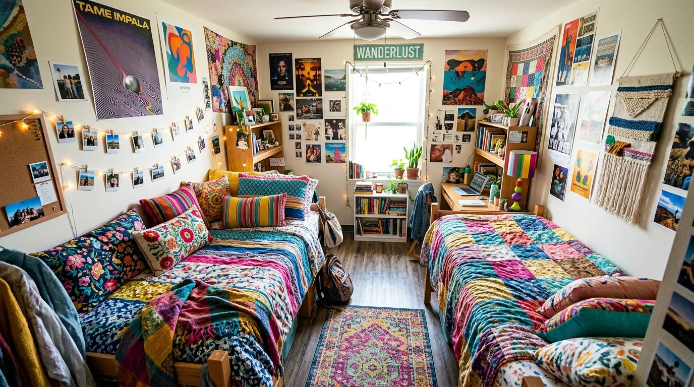 Coral and peach dorm room with patterned rug