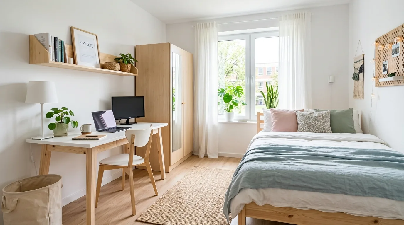 Navy and gray dorm setup with structured bedding