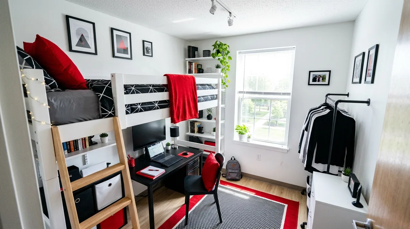 Mint and white dorm room with fresh greenery