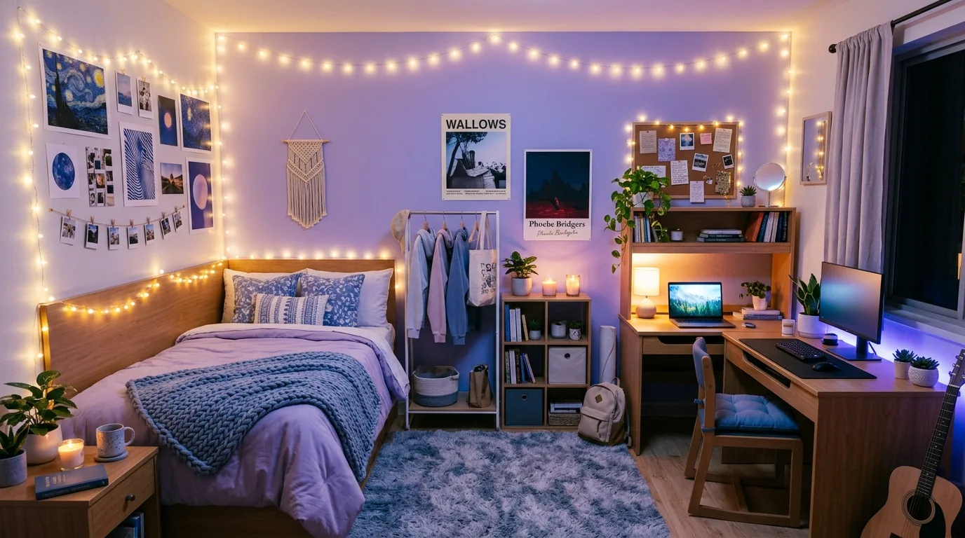 Rainbow accent dorm room with neutral base