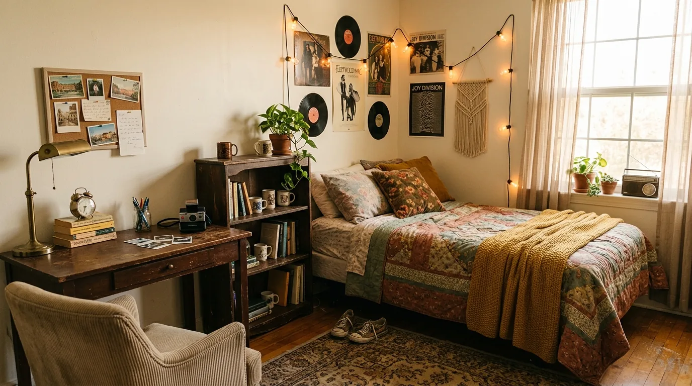 Dusty rose and camel dorm room with framed art