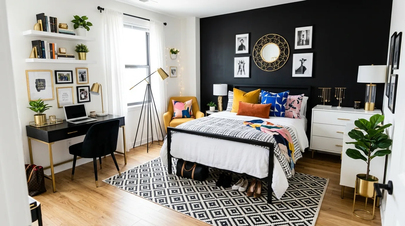 Teal and mustard dorm room with cozy knit blanket