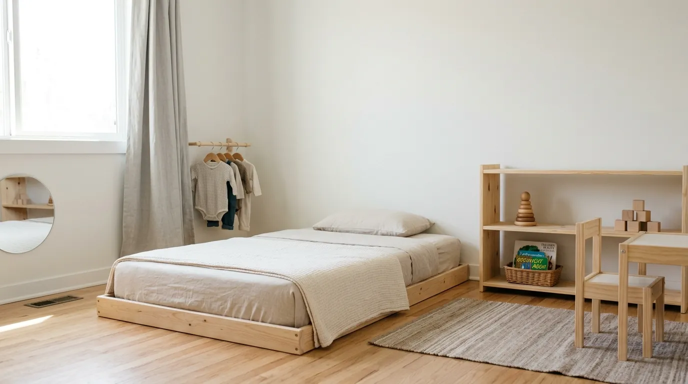 Cozy toddler floor bed under gauzy canopy with plush cushions nearby