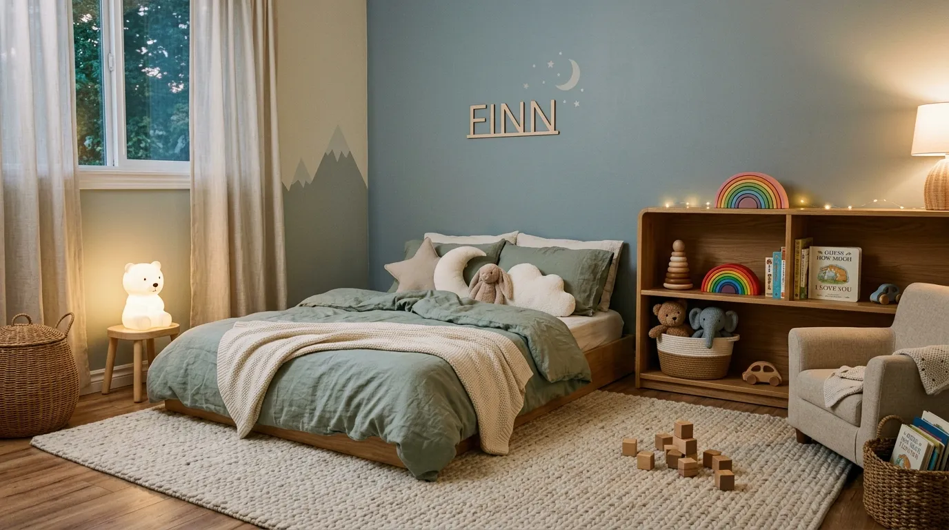 Scandinavian toddler room with pale wood floor bed and peg rail storage