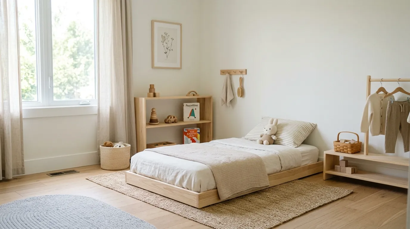 Playful room with house-frame floor bed and muted pastel accents