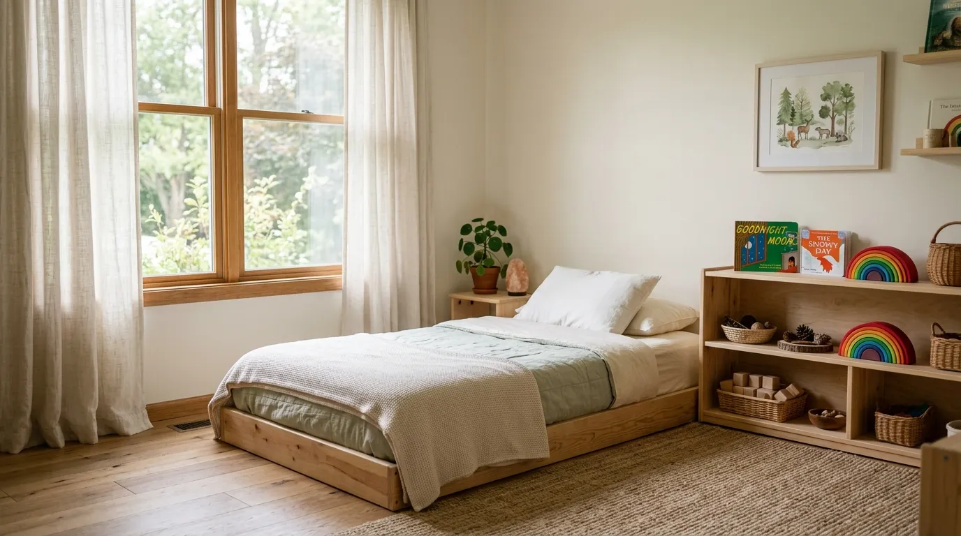 Small toddler bedroom with corner floor bed and wall-mounted book ledges