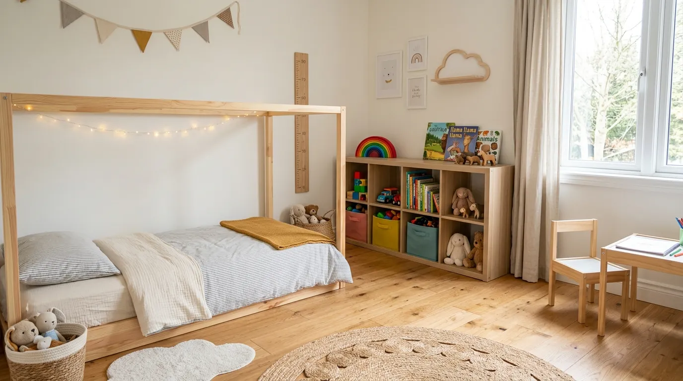 Shared sibling room with toddler floor bed and low matching storage