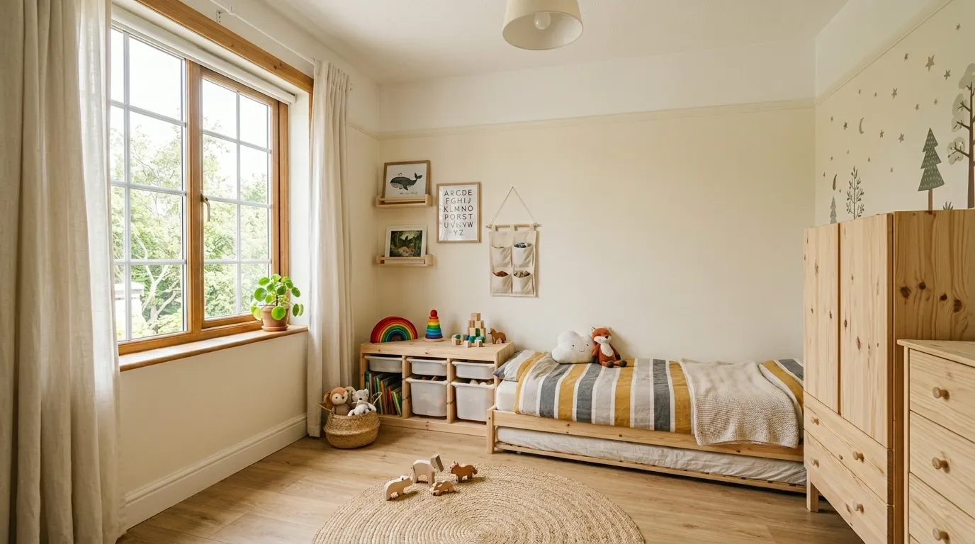 Neutral nursery-to-toddler transition room with floor bed and woven baskets