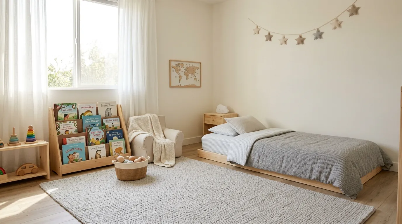 Whimsical toddler floor bed with cloud mural and rounded decor details