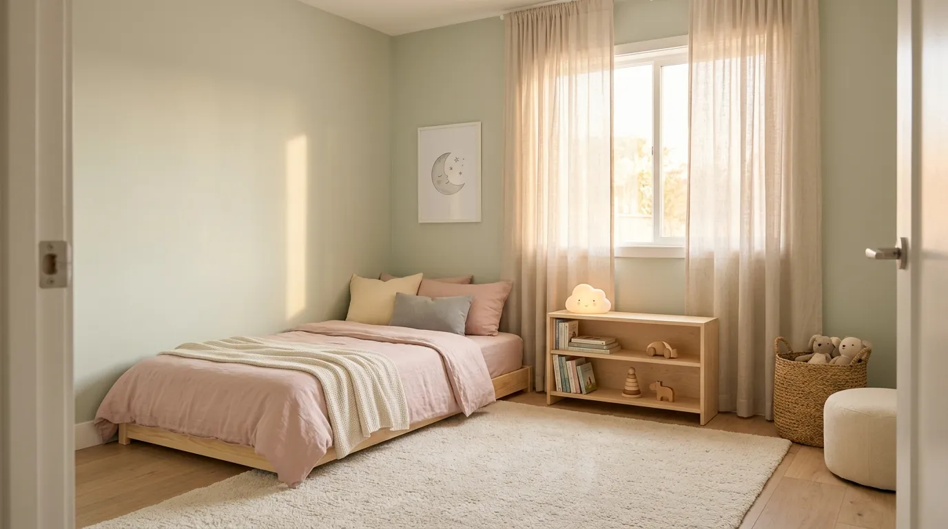 Boho toddler room with rattan accents