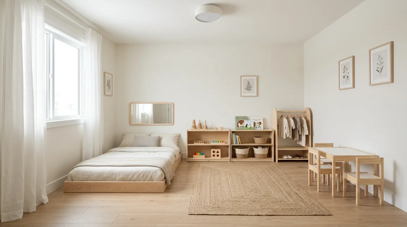 Room with floor bed beside reading nook and soft lamp glow