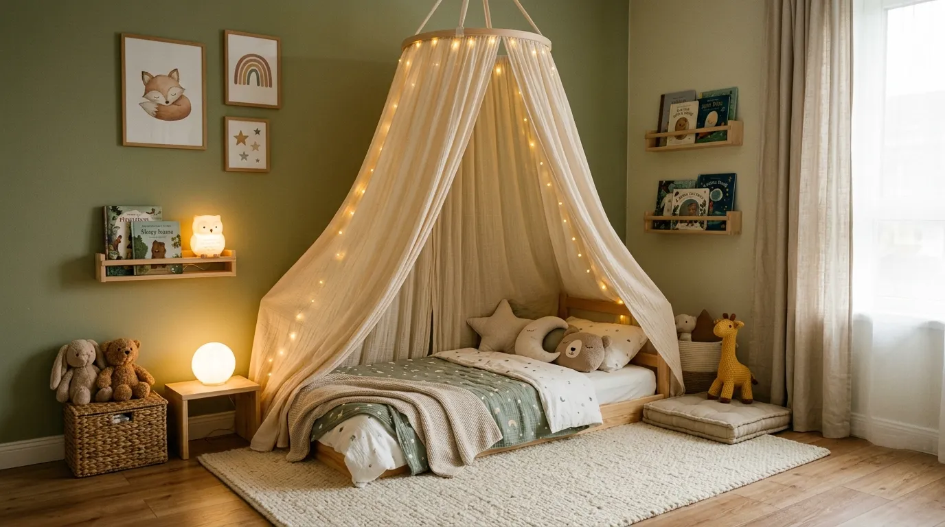Cinematic toddler floor bed room with low storage