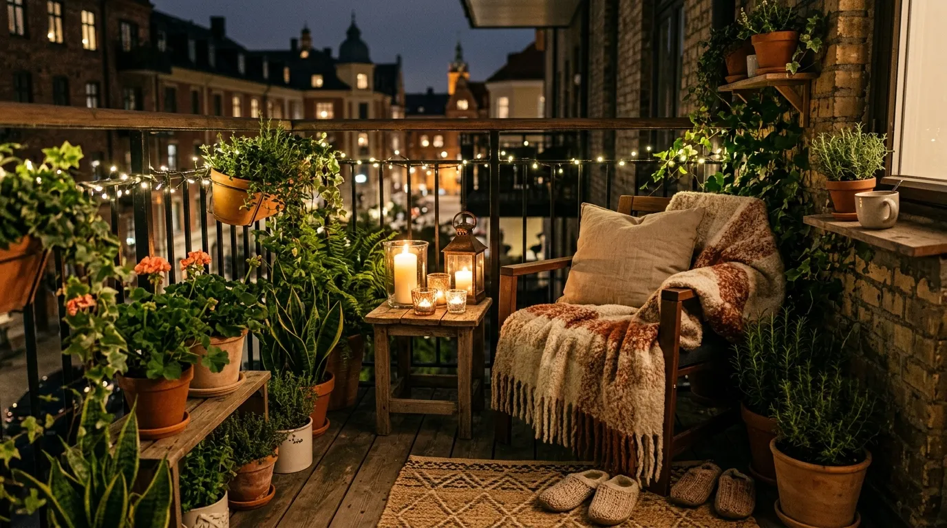 Romantic balcony with candle lanterns and gauzy textiles