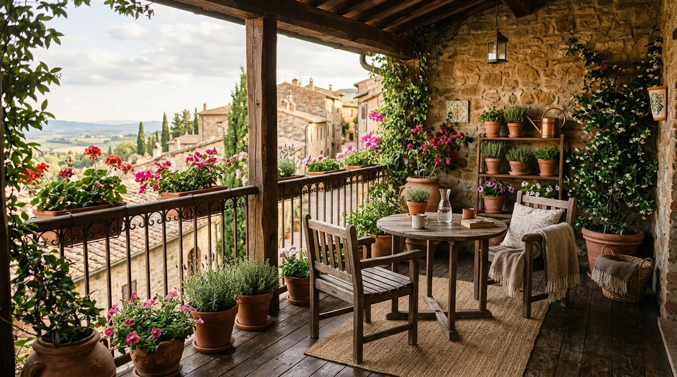 Lush balcony with layered pots and bench seating