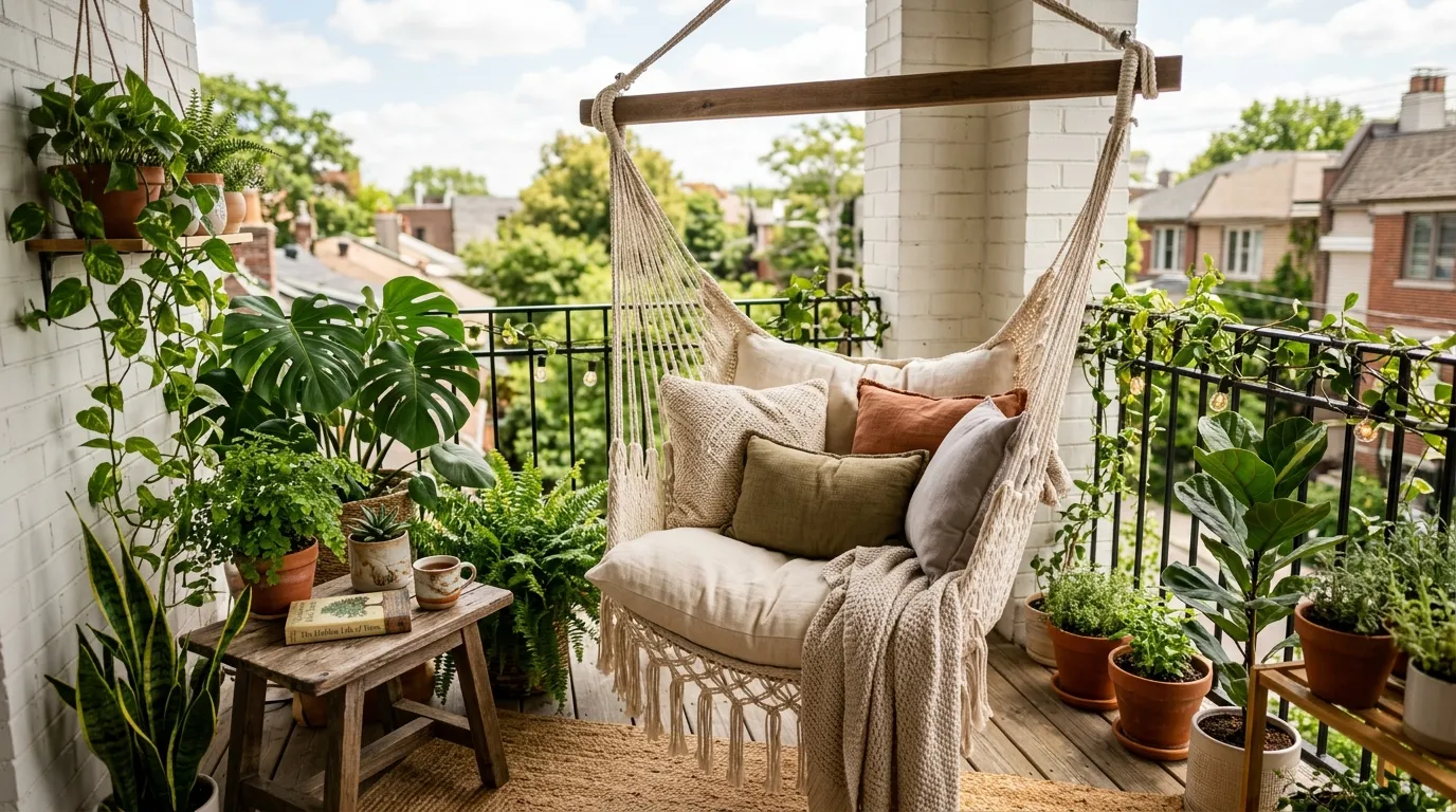 Sunrise balcony with low table and floor seating