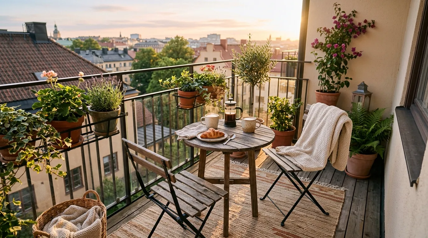 Scandinavian balcony with pale wood stool and neutral outdoor textiles