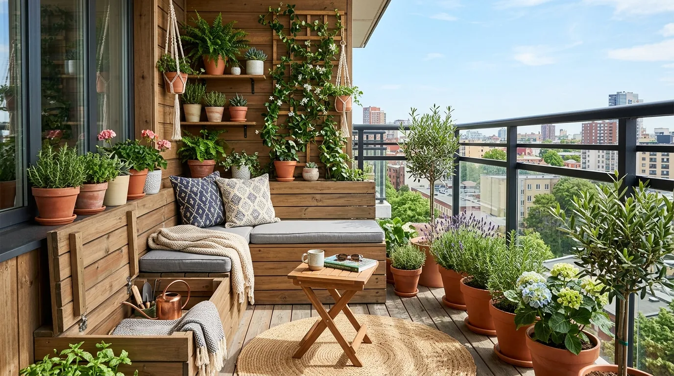 Tiny balcony with folding furniture and vertical herb wall