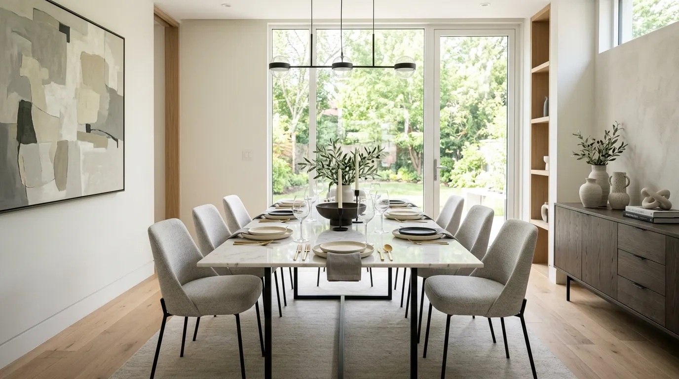 Formal dining room with paneled walls and long linen drapes