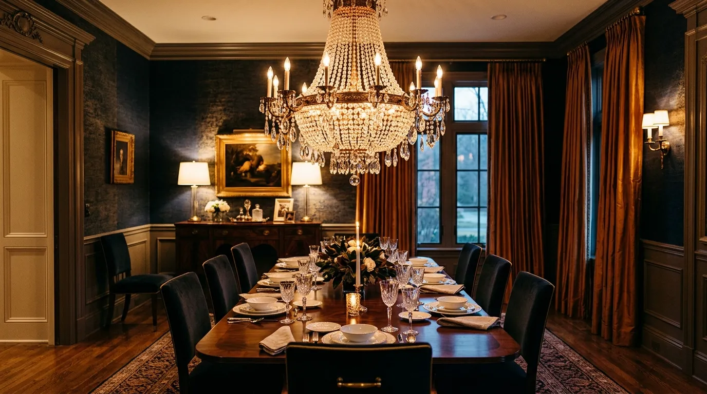 Moody dining room with dark walls