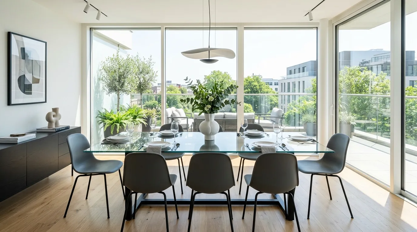 Coastal elegant dining room with blue accents and woven light fixture