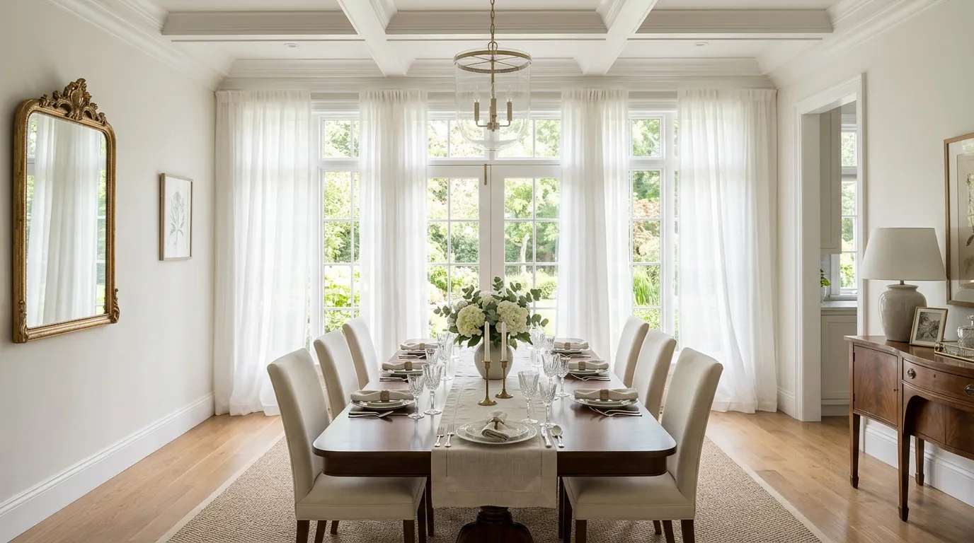 Small elegant dining room with round pedestal table and statement mirror