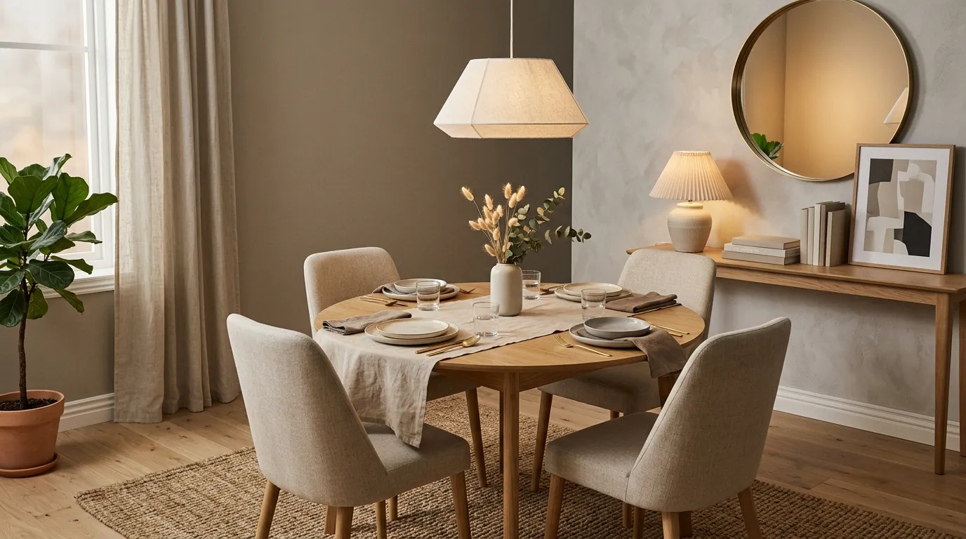 Apartment dining area with glass table and upholstered banquette