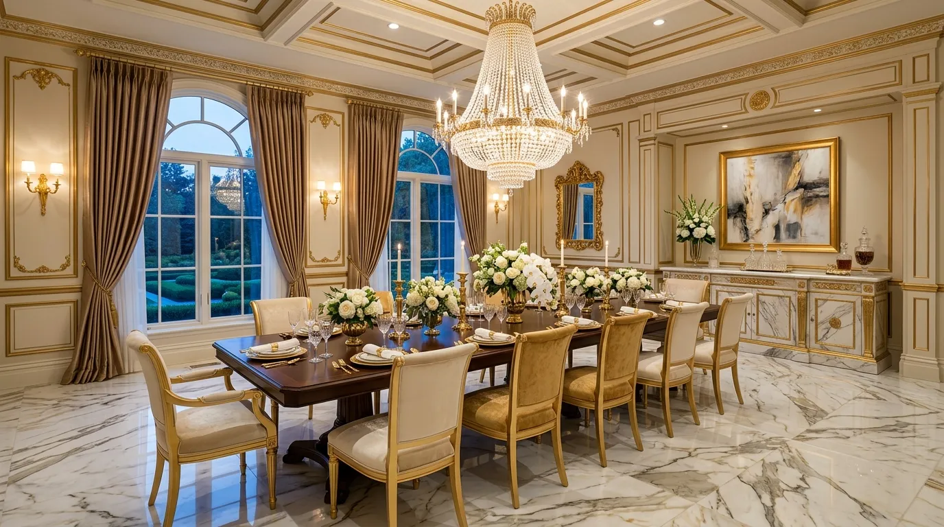Rustic-elegant dining room with beam ceiling and linen slipcovered chairs