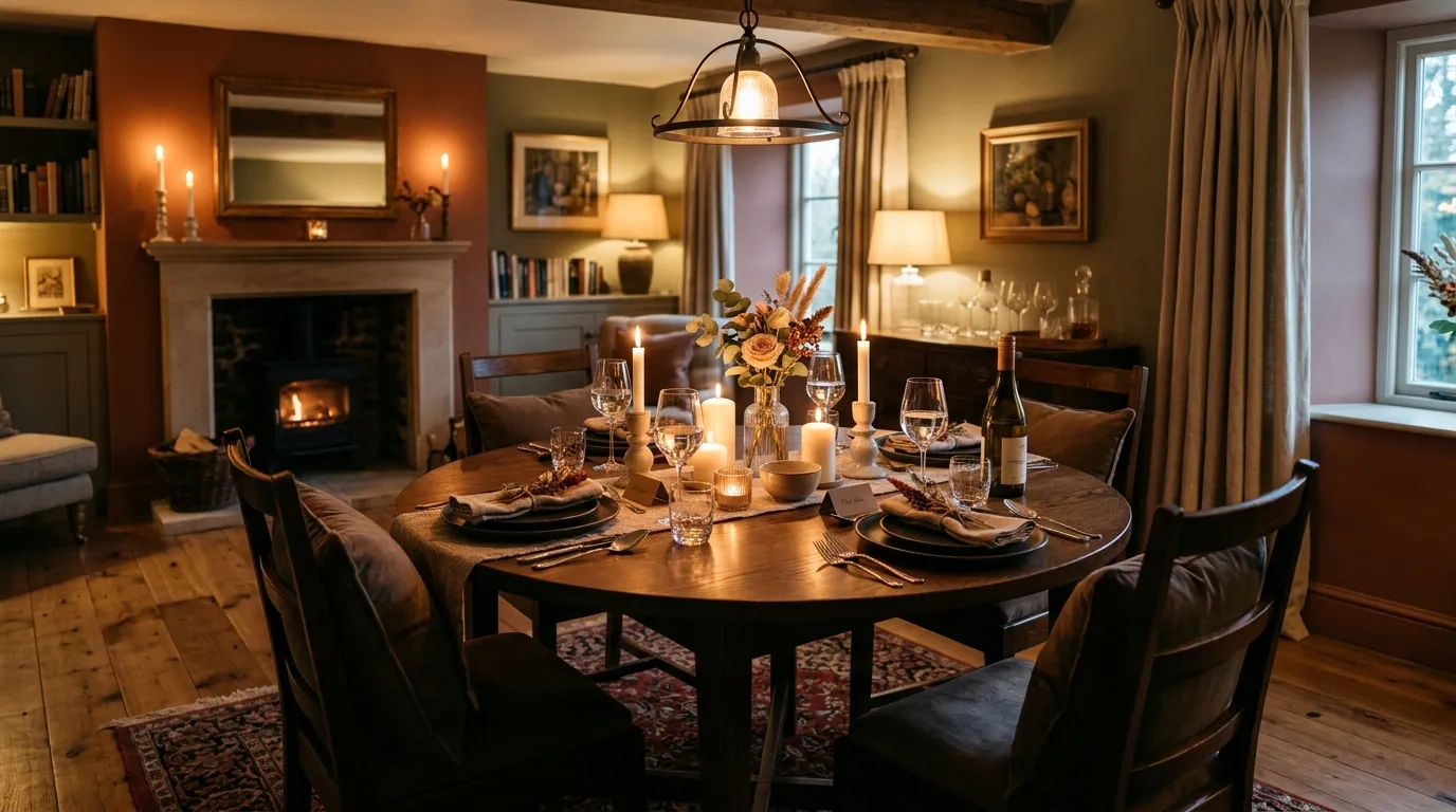 Holiday-ready dining room with layered candles and polished glassware