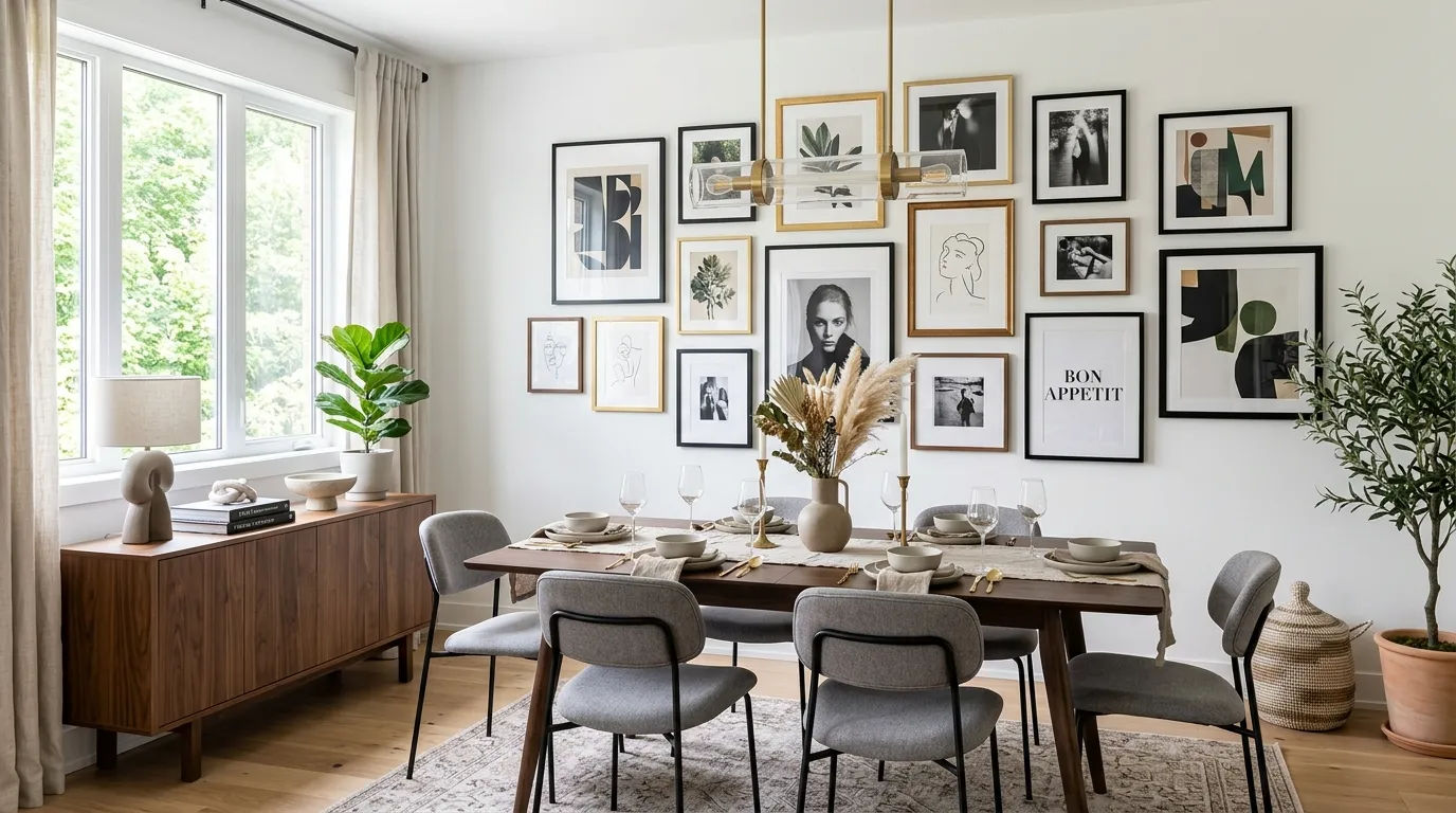 Open-plan dining zone with tailored rug and pendant anchoring the table