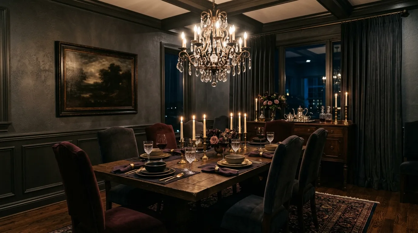 Garden-facing dining room with French doors and fresh floral arrangement