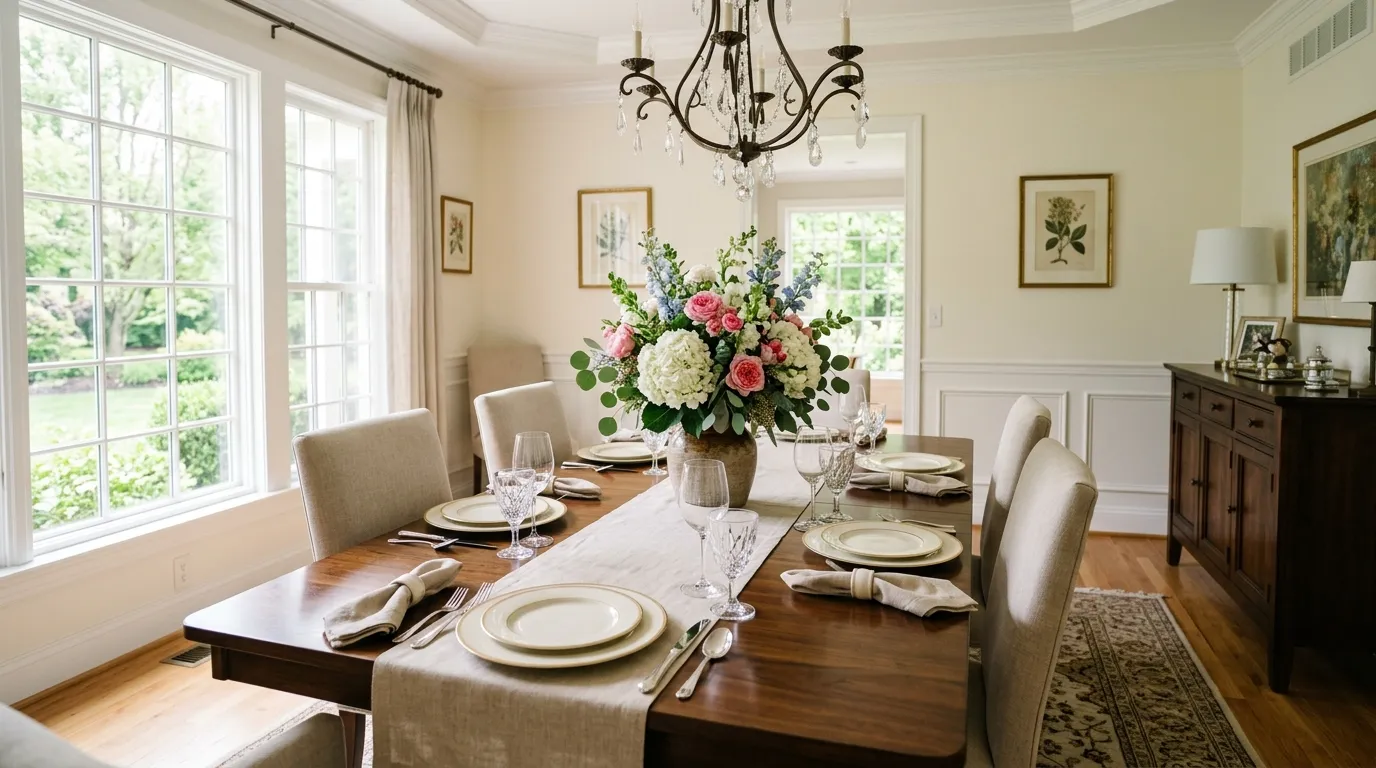 Cinematic dining room with layered lighting