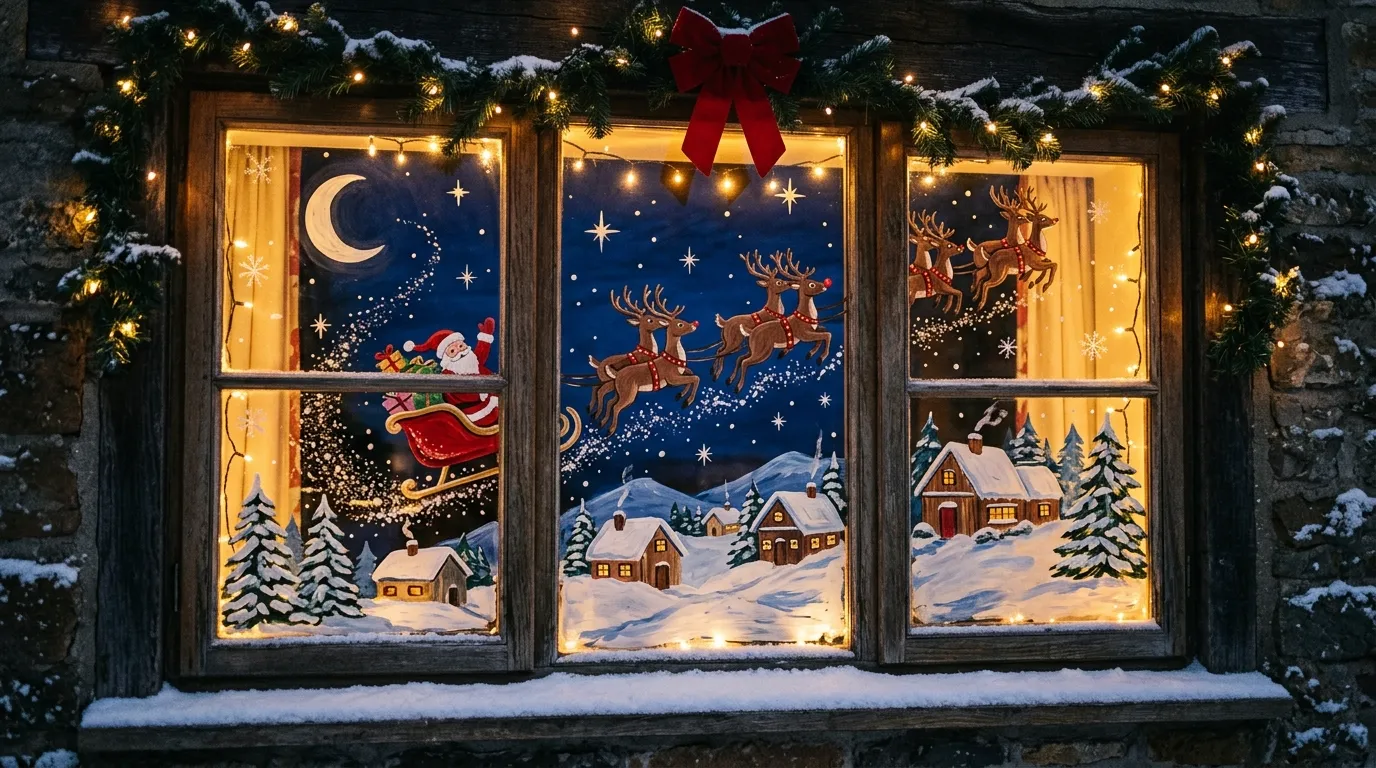 Large front window with hand painted white snowflakes in mixed sizes