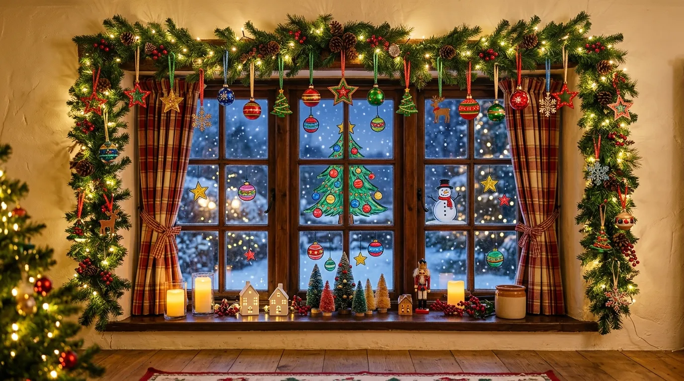 Holiday window art featuring a quaint winter village silhouette along the bottom edge