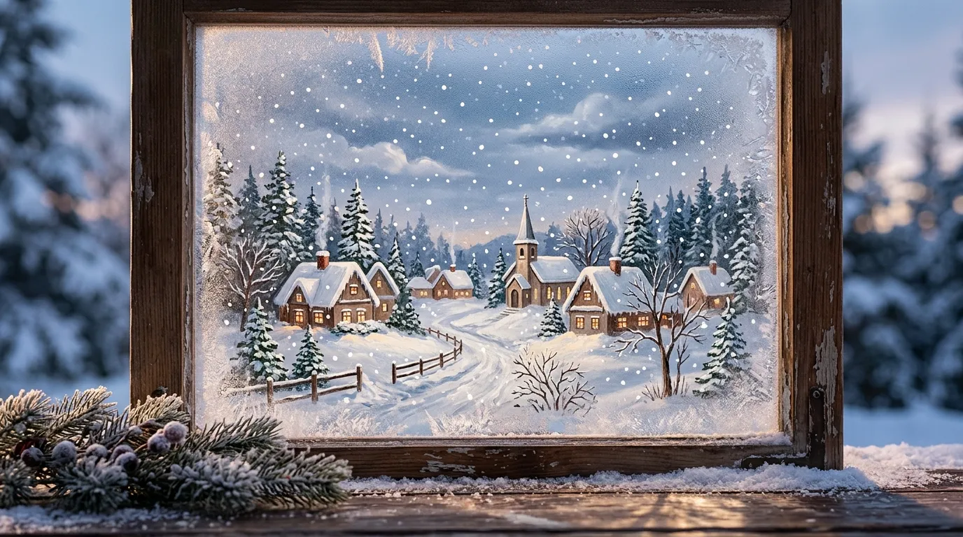 Christmas window painted with elegant script Noel lettering