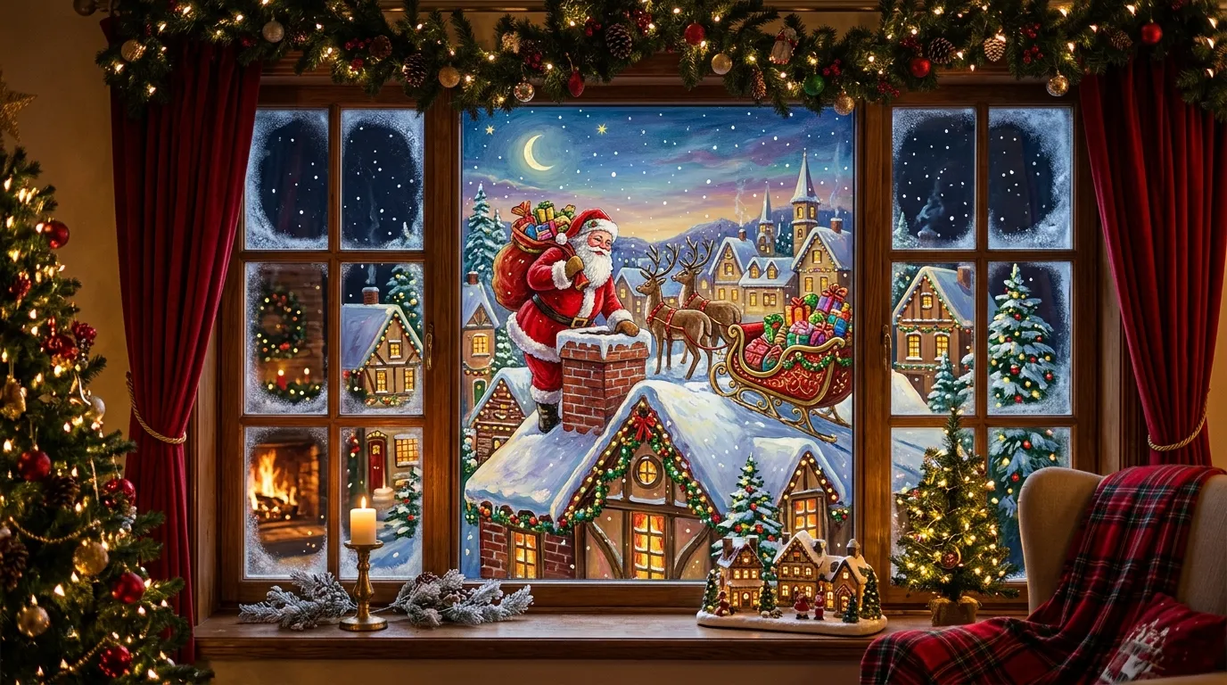 Living room window framed with frosted corner details and gold stars